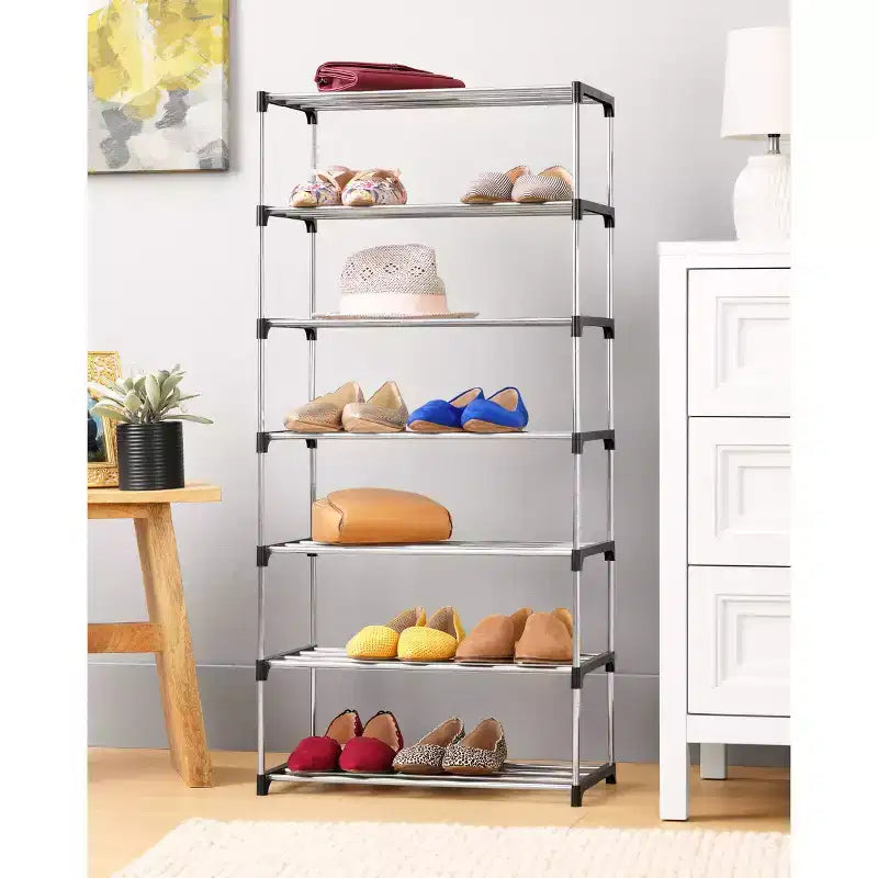 Scarpiera a 7 livelli argento: Struttura in acciaio e plastica, capacità 14 paia, autoportante, 106,7 cm A x 50 cm L x 25,6 cm P