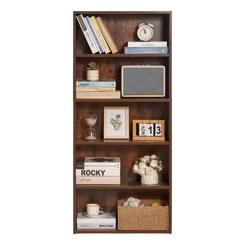 Libreria stretta in legno a 5 ripiani alta 134 cm, con ripiani regolabili, a giorno, autoportante, per camera da letto/soggiorno/ufficio/biblioteca, marrone