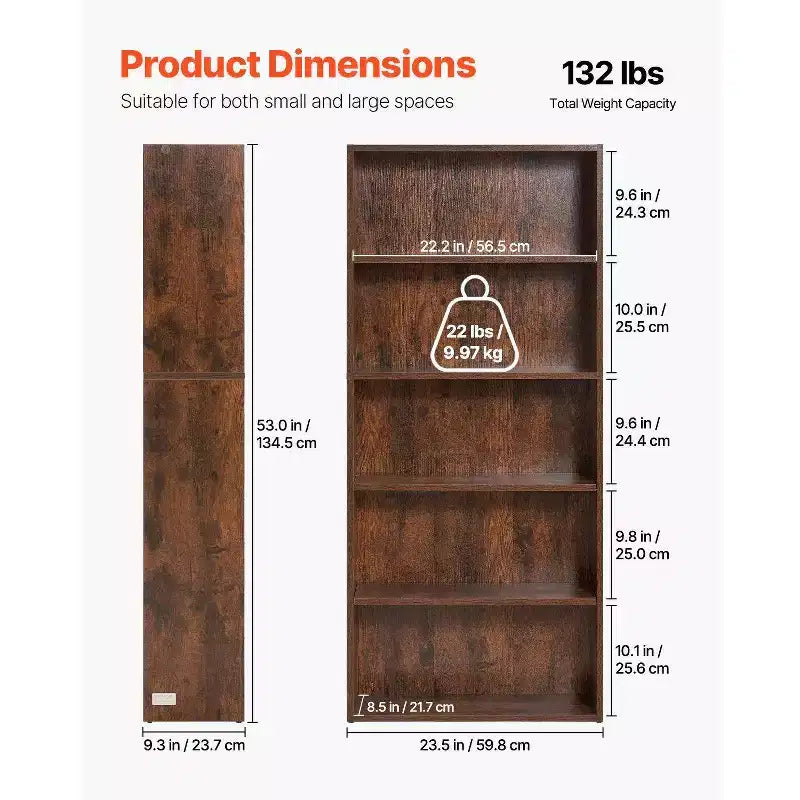 Libreria stretta in legno a 5 ripiani alta 134 cm, con ripiani regolabili, a giorno, autoportante, per camera da letto/soggiorno/ufficio/biblioteca, marrone