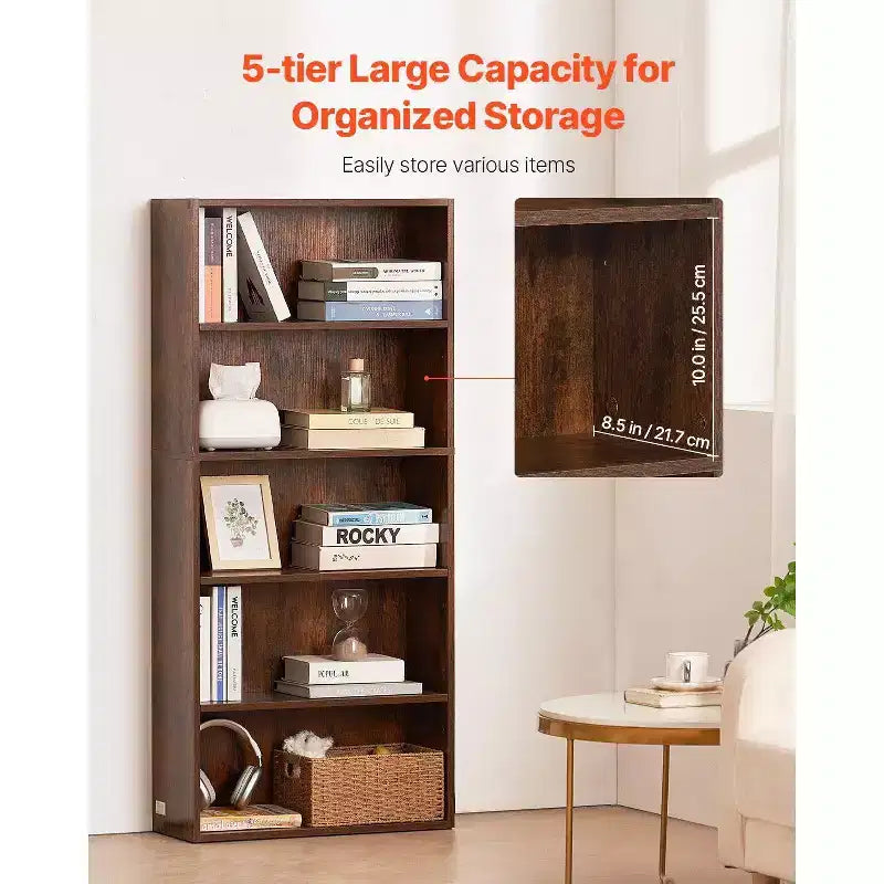 Libreria stretta in legno a 5 ripiani alta 134 cm, con ripiani regolabili, a giorno, autoportante, per camera da letto/soggiorno/ufficio/biblioteca, marrone