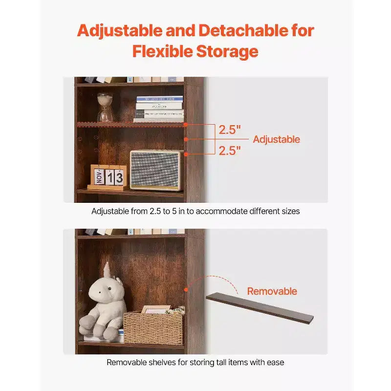 Libreria stretta in legno a 5 ripiani alta 134 cm, con ripiani regolabili, a giorno, autoportante, per camera da letto/soggiorno/ufficio/biblioteca, marrone