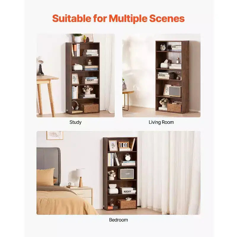 Libreria stretta in legno a 5 ripiani alta 134 cm, con ripiani regolabili, a giorno, autoportante, per camera da letto/soggiorno/ufficio/biblioteca, marrone