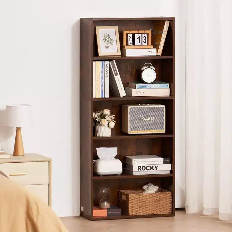 Libreria stretta in legno a 5 ripiani alta 134 cm, con ripiani regolabili, a giorno, autoportante, per camera da letto/soggiorno/ufficio/biblioteca, marrone