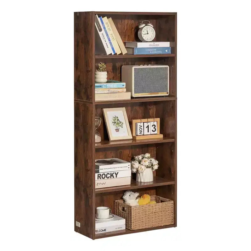 Libreria stretta in legno a 5 ripiani alta 134 cm, con ripiani regolabili, a giorno, autoportante, per camera da letto/soggiorno/ufficio/biblioteca, marrone