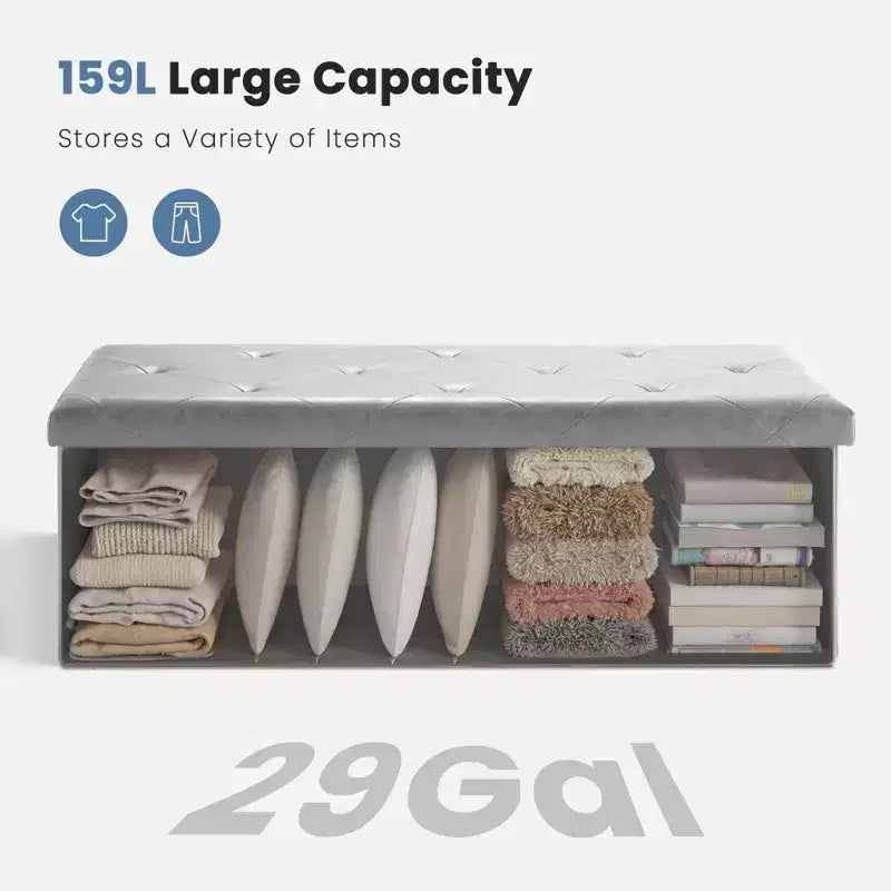Panca Pouf Contenitore 43", Poggiapiedi Pieghevole Seduta Imbottita, Lunga Panca Porta Scarpe, Carico 299 kg per Soggiorno Ingresso Camera da Letto, 109x38x38 cm