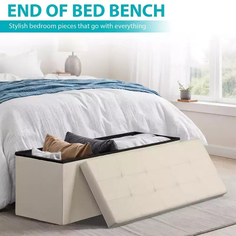 Panca Pouf Contenitore 43", Poggiapiedi Pieghevole Seduta Imbottita, Lunga Panca Porta Scarpe, Carico 299 kg per Soggiorno Ingresso Camera da Letto, 109x38x38 cm