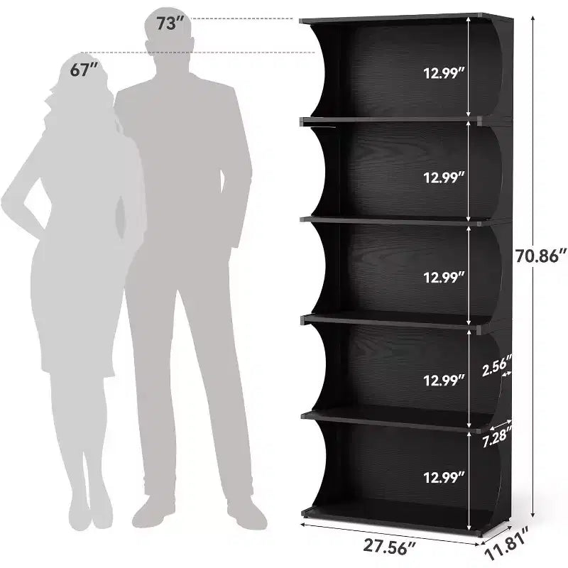 Libreria a 5 Ripiani, Scaffale Aperto Alto 180 cm con Design Unico a Bordi Curvi, Moderna Mensola Espositiva per Ufficio, Soggiorno, Camera da Letto, Nero