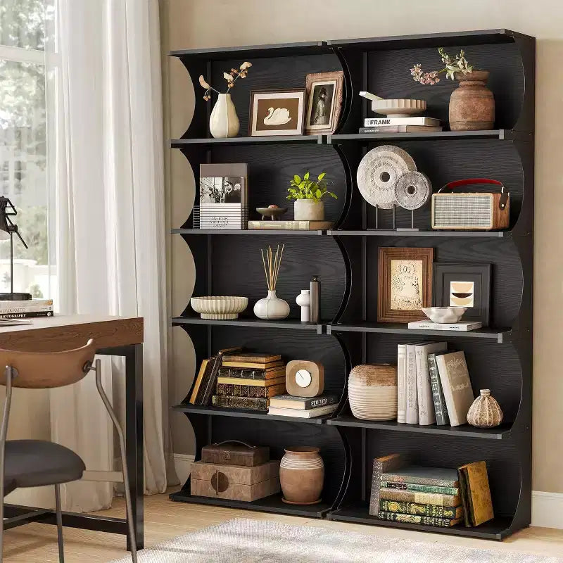 Libreria a 5 Ripiani, Scaffale Aperto Alto 180 cm con Design Unico a Bordi Curvi, Moderna Mensola Espositiva per Ufficio, Soggiorno, Camera da Letto, Nero