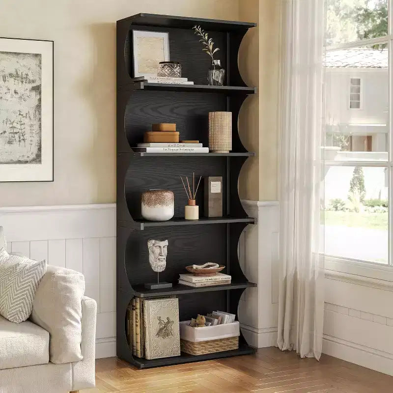 Libreria a 5 Ripiani, Scaffale Aperto Alto 180 cm con Design Unico a Bordi Curvi, Moderna Mensola Espositiva per Ufficio, Soggiorno, Camera da Letto, Nero