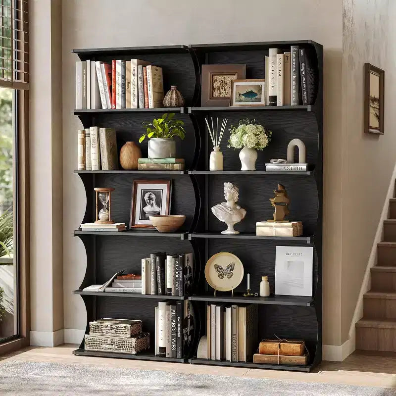 Libreria a 5 Ripiani, Scaffale Aperto Alto 180 cm con Design Unico a Bordi Curvi, Moderna Mensola Espositiva per Ufficio, Soggiorno, Camera da Letto, Nero