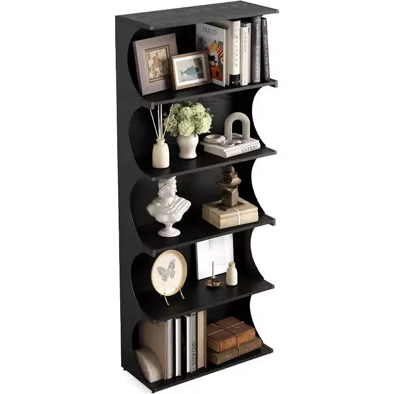 Libreria a 5 Ripiani, Scaffale Aperto Alto 180 cm con Design Unico a Bordi Curvi, Moderna Mensola Espositiva per Ufficio, Soggiorno, Camera da Letto, Nero