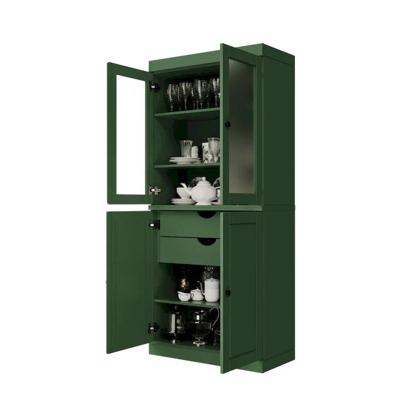 Mobile Dispensa in Legno Massello al 100% con Ante in Vetro Satinato, Ante Piene, 2 Cassetti e Ripiani Regolabili