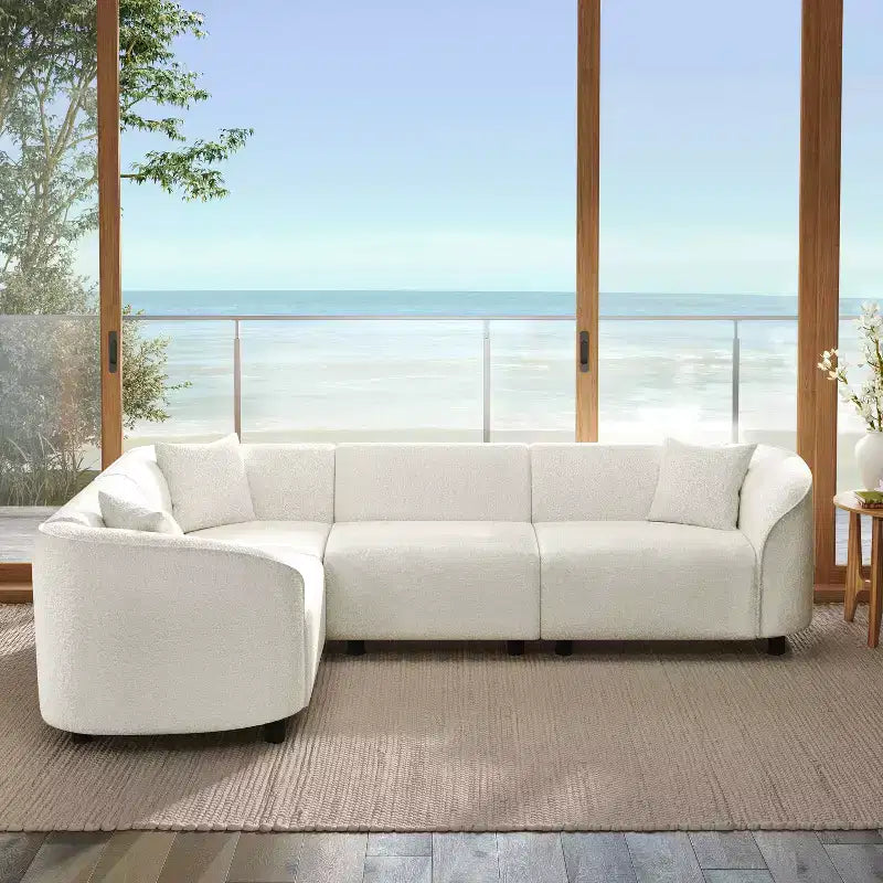 Divano curvo a 4 posti con penisola in bouclé beige, stile contemporaneo, 264 cm