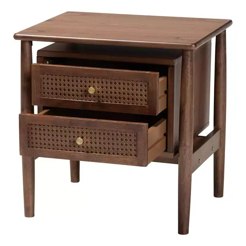 Comodino in legno a 2 cassetti intrecciato in rattan, marrone noce