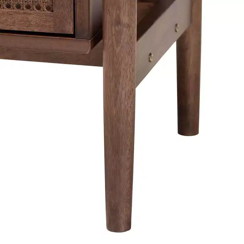 Comodino in legno a 2 cassetti intrecciato in rattan, marrone noce