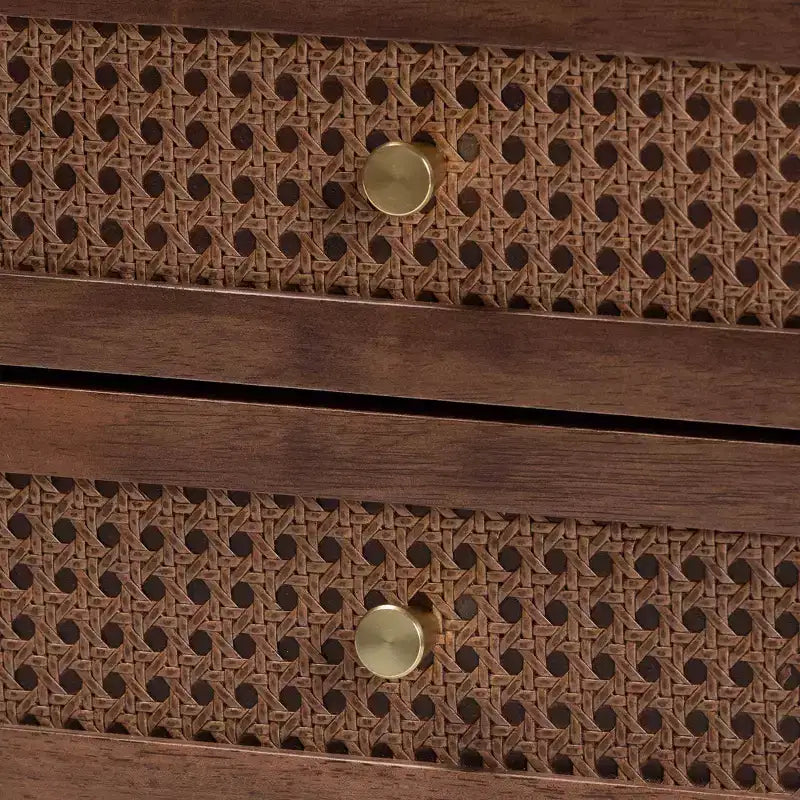 Comodino in legno a 2 cassetti intrecciato in rattan, marrone noce