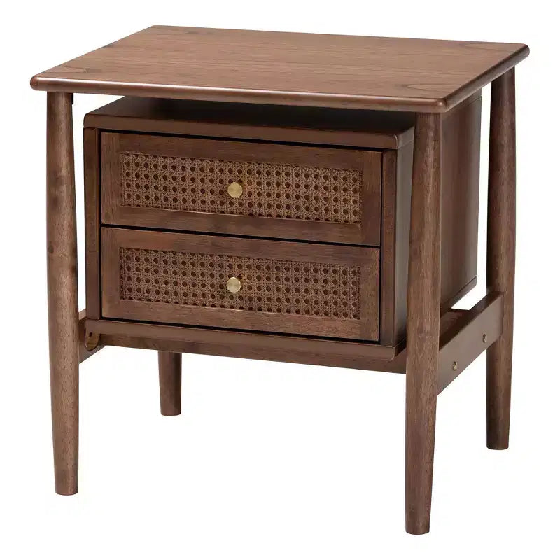 Comodino in legno a 2 cassetti intrecciato in rattan, marrone noce