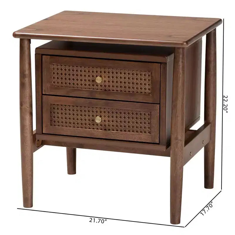 Comodino in legno a 2 cassetti intrecciato in rattan, marrone noce