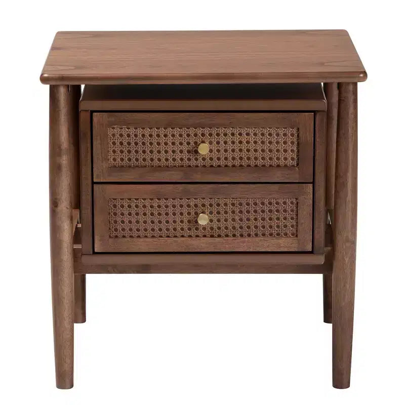 Comodino in legno a 2 cassetti intrecciato in rattan, marrone noce