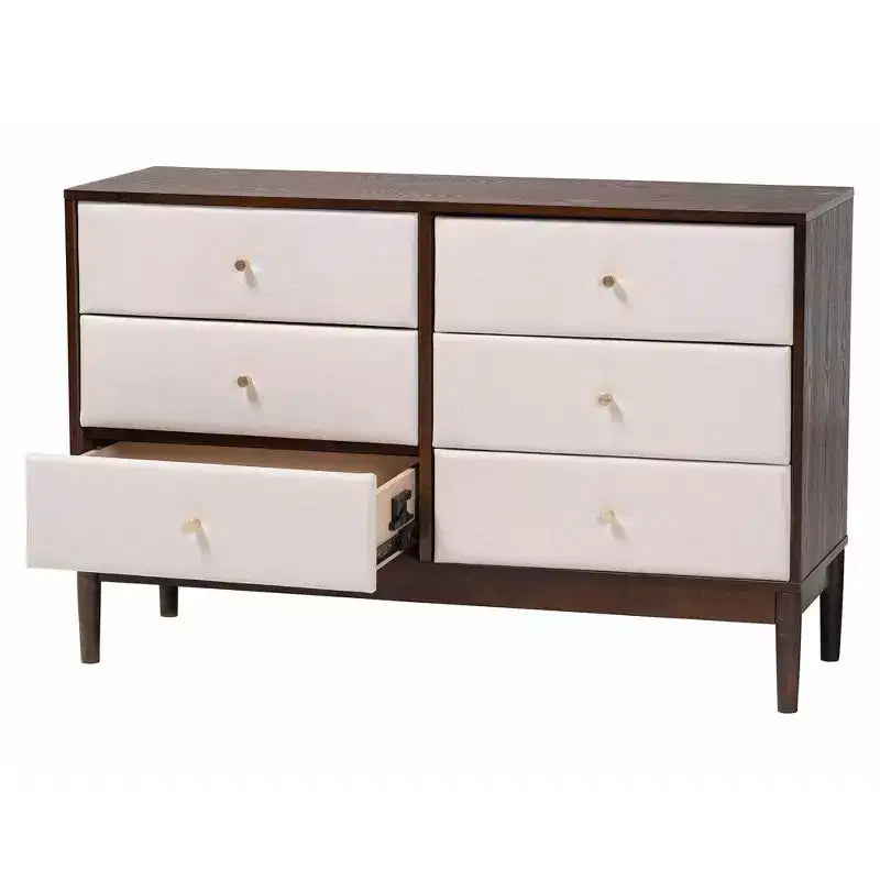 Comò a 6 cassetti in tessuto e legno, beige/wengé