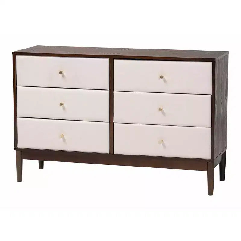 Comò a 6 cassetti in tessuto e legno, beige/wengé