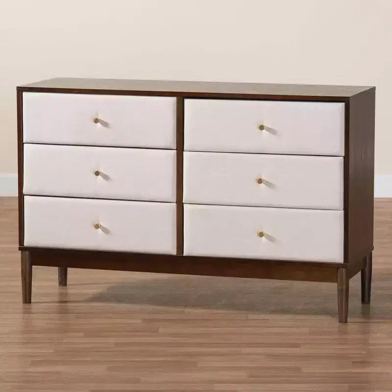 Comò a 6 cassetti in tessuto e legno, beige/wengé