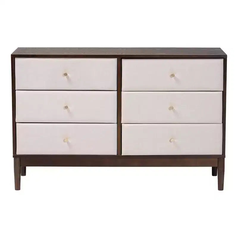 Comò a 6 cassetti in tessuto e legno, beige/wengé