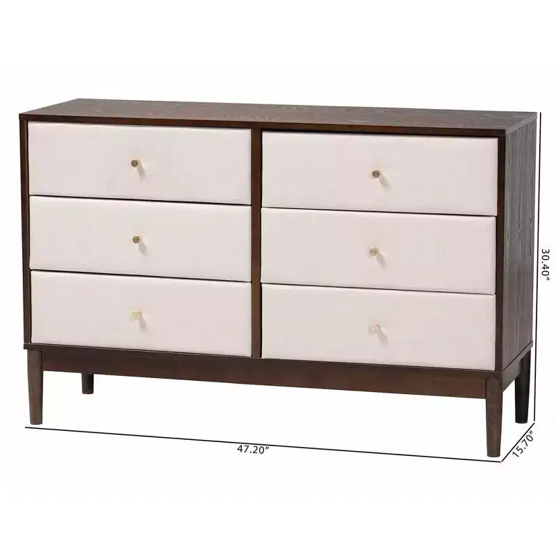 Comò a 6 cassetti in tessuto e legno, beige/wengé
