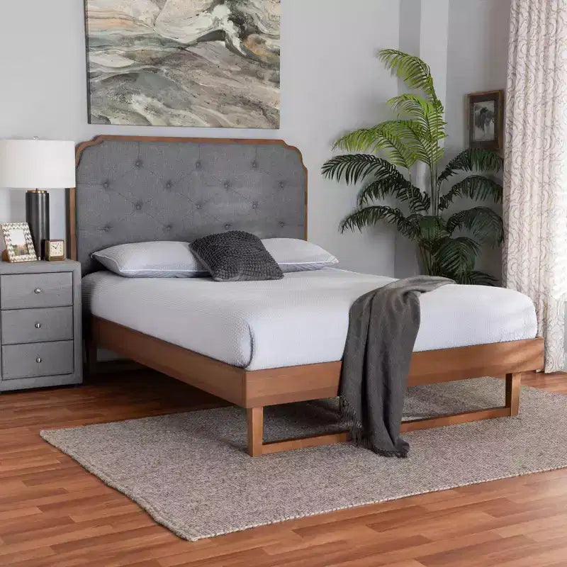 Letto a piattaforma King in tessuto e legno grigio/noce