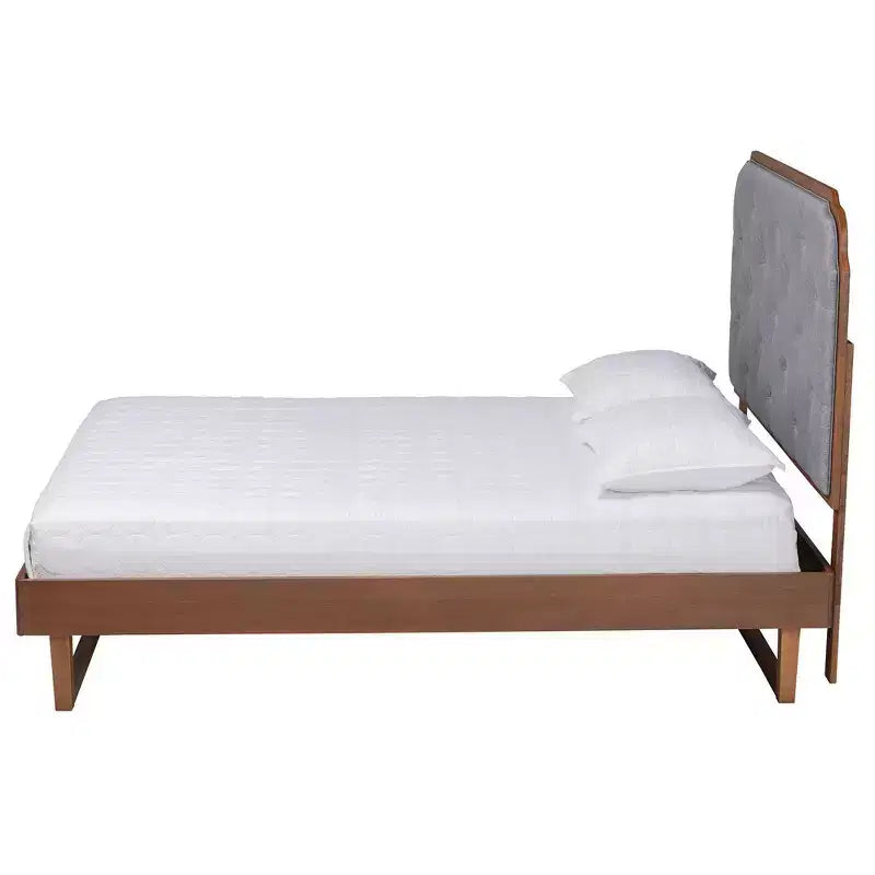 Letto a piattaforma King in tessuto e legno grigio/noce