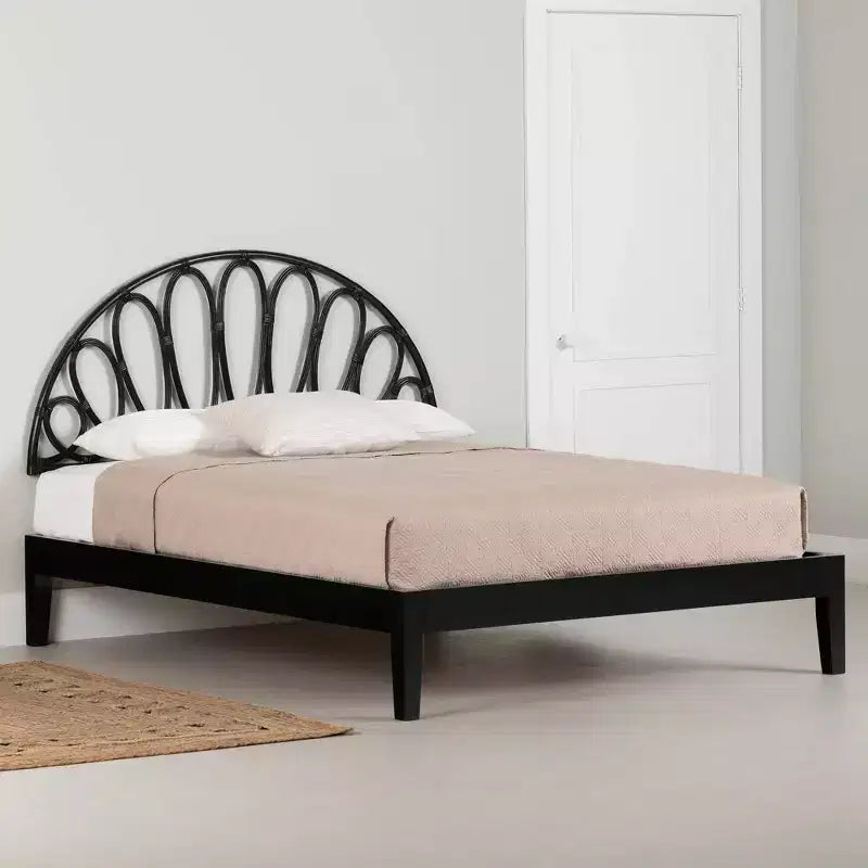 Letto a piattaforma Queen 82,5" e testiera in rattan nero