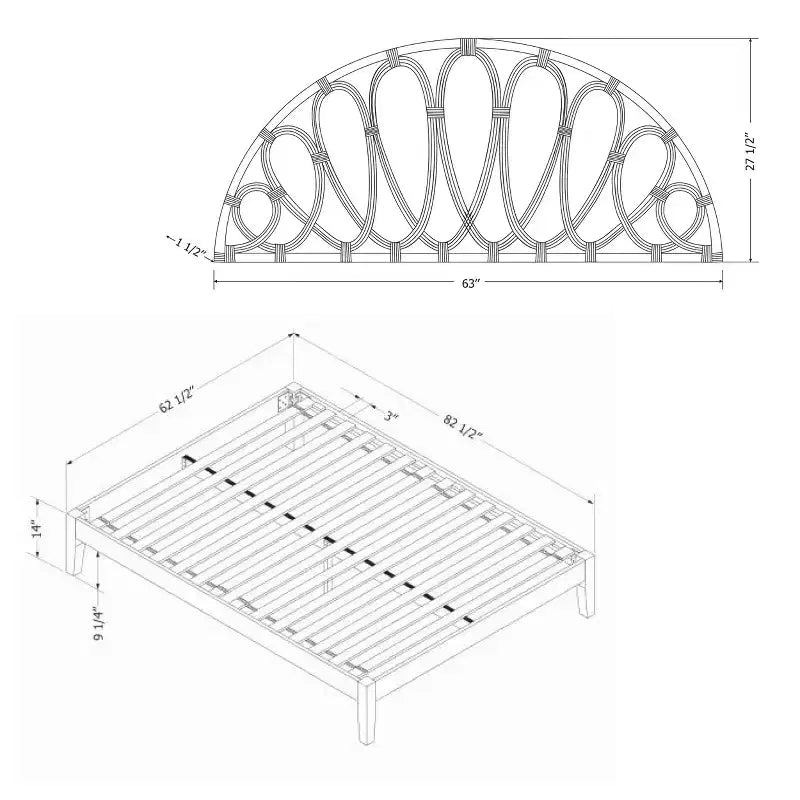 Letto a piattaforma Queen 82,5" e testiera in rattan nero