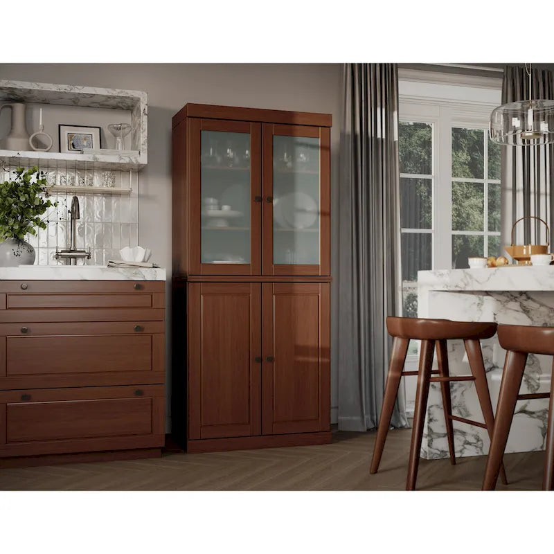 Mobile Dispensa in Legno Massello al 100% con Ante in Vetro Satinato, Ante Piene, 2 Cassetti e Ripiani Regolabili