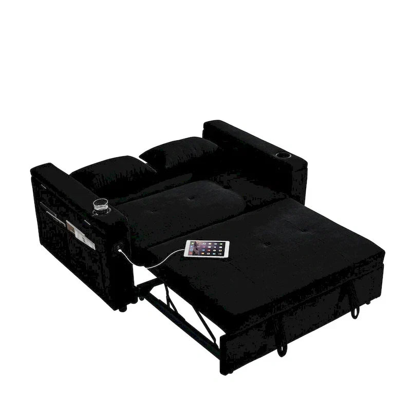 Divano Letto Estraibile 54", Divano Reclinabile 2 Posti con Contenitore, Cuscino Lombare, Presa USB