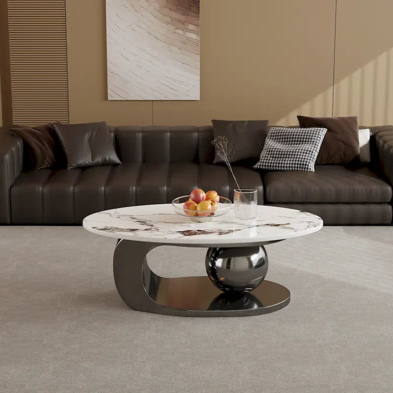 Tavolino da caffè ovale moderno Pandora 51 con piano in pietra sinterizzata lucida, tavolino da caffè di lusso, gambe in acciaio inossidabile per soggiorno