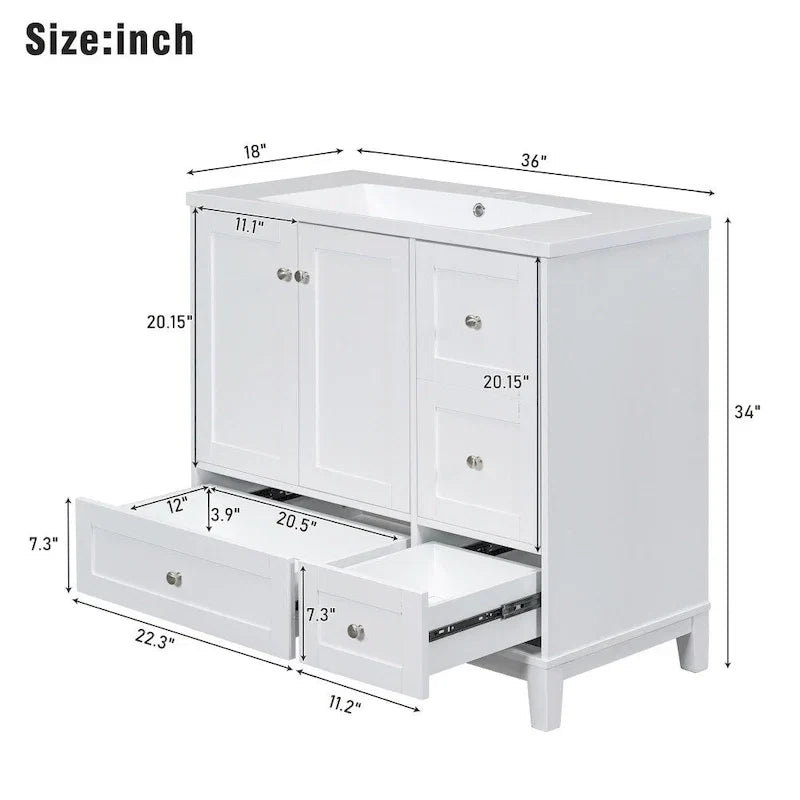 Mobile bagno da 36 pollici con ricarica USB, lavabo in resina, telaio in legno massello, 3 cassetti contenitori