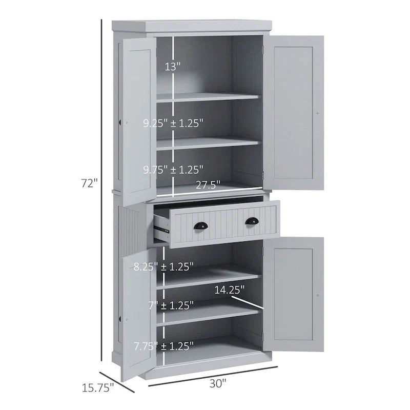 Armadio dispensa da cucina da 72 pollici, mobile tradizionale autoportante con 4 ante e 3 ripiani regolabili, ampio cassetto centrale