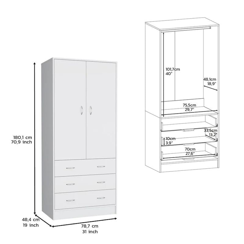 19 Armadio moderno a due ante con 3 cassetti e 1 asta appendiabiti per camera da letto