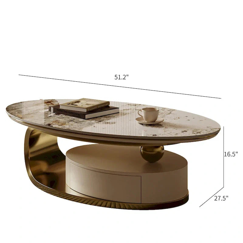 Tavolino da caffè ovale moderno Pandora 51 con piano in pietra sinterizzata lucida, tavolino da caffè di lusso, gambe in acciaio inossidabile per soggiorno