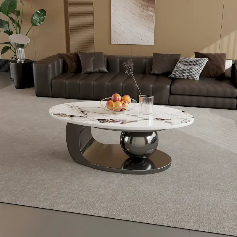 Tavolino da caffè ovale moderno Pandora 51 con piano in pietra sinterizzata lucida, tavolino da caffè di lusso, gambe in acciaio inossidabile per soggiorno