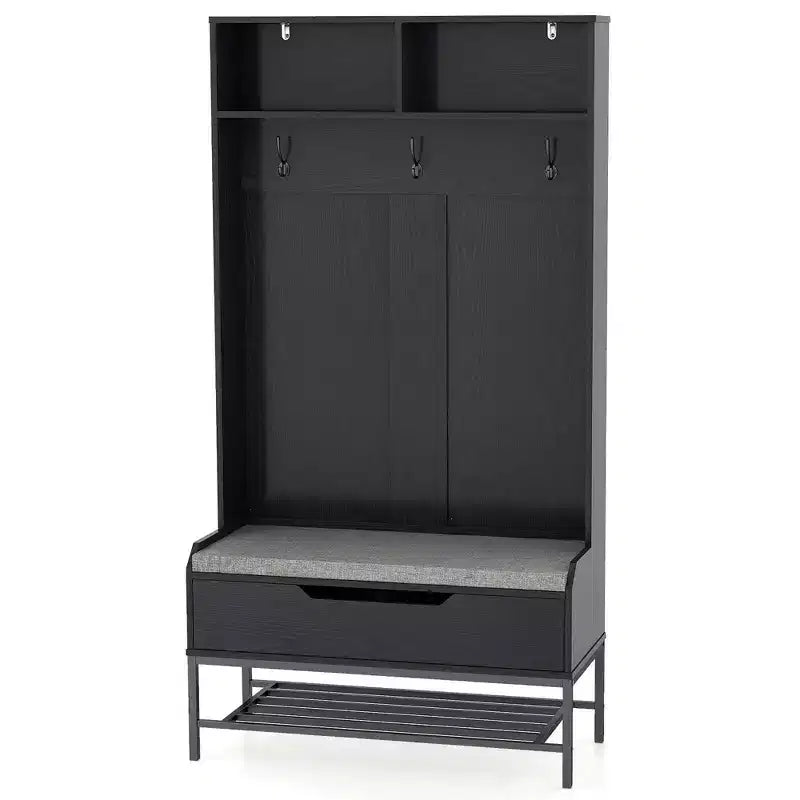 Albero appendiabiti da ingresso alto 175 cm con cuscino per seduta, scomparti aperti, ganci e vano contenitore con coperchio sollevabile, bianco/nero/marrone rustico