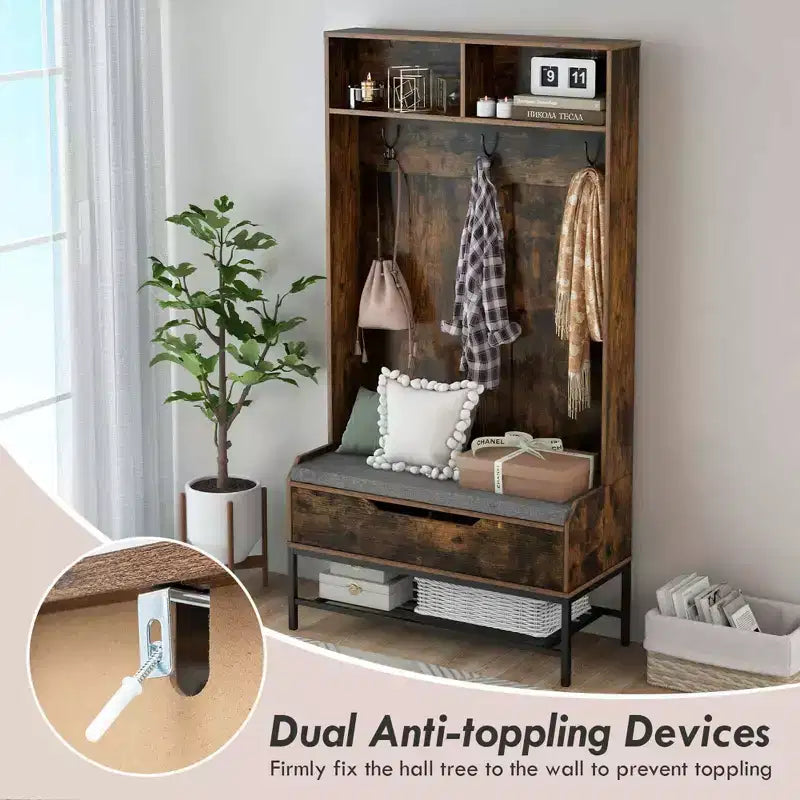 Albero appendiabiti da ingresso alto 175 cm con cuscino per seduta, scomparti aperti, ganci e vano contenitore con coperchio sollevabile, bianco/nero/marrone rustico