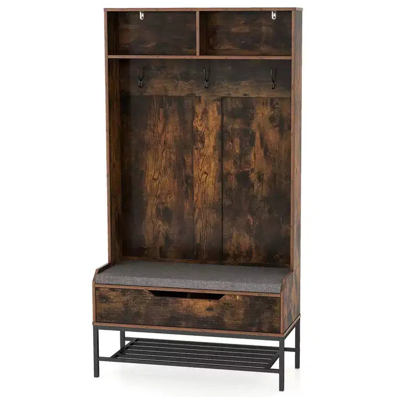 Albero appendiabiti da ingresso alto 175 cm con cuscino per seduta, scomparti aperti, ganci e vano contenitore con coperchio sollevabile, bianco/nero/marrone rustico