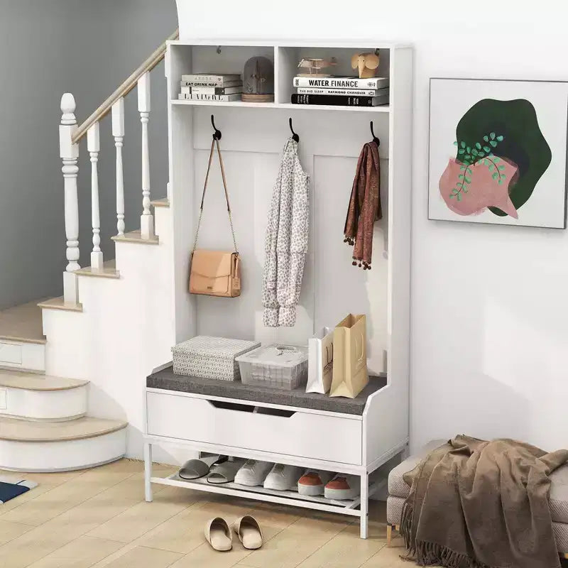 Albero appendiabiti da ingresso alto 175 cm con cuscino per seduta, scomparti aperti, ganci e vano contenitore con coperchio sollevabile, bianco/nero/marrone rustico