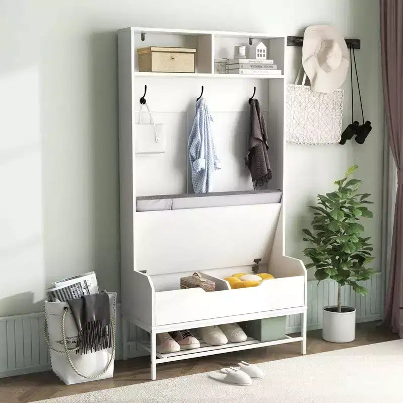 Albero appendiabiti da ingresso alto 175 cm con cuscino per seduta, scomparti aperti, ganci e vano contenitore con coperchio sollevabile, bianco/nero/marrone rustico