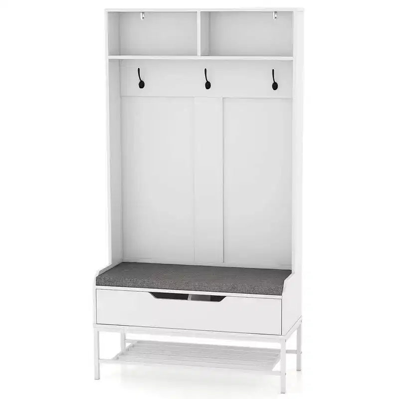 Albero appendiabiti da ingresso alto 175 cm con cuscino per seduta, scomparti aperti, ganci e vano contenitore con coperchio sollevabile, bianco/nero/marrone rustico