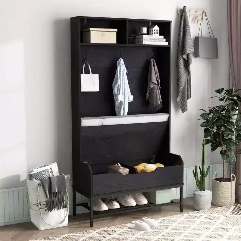 Albero appendiabiti da ingresso alto 175 cm con cuscino per seduta, scomparti aperti, ganci e vano contenitore con coperchio sollevabile, bianco/nero/marrone rustico