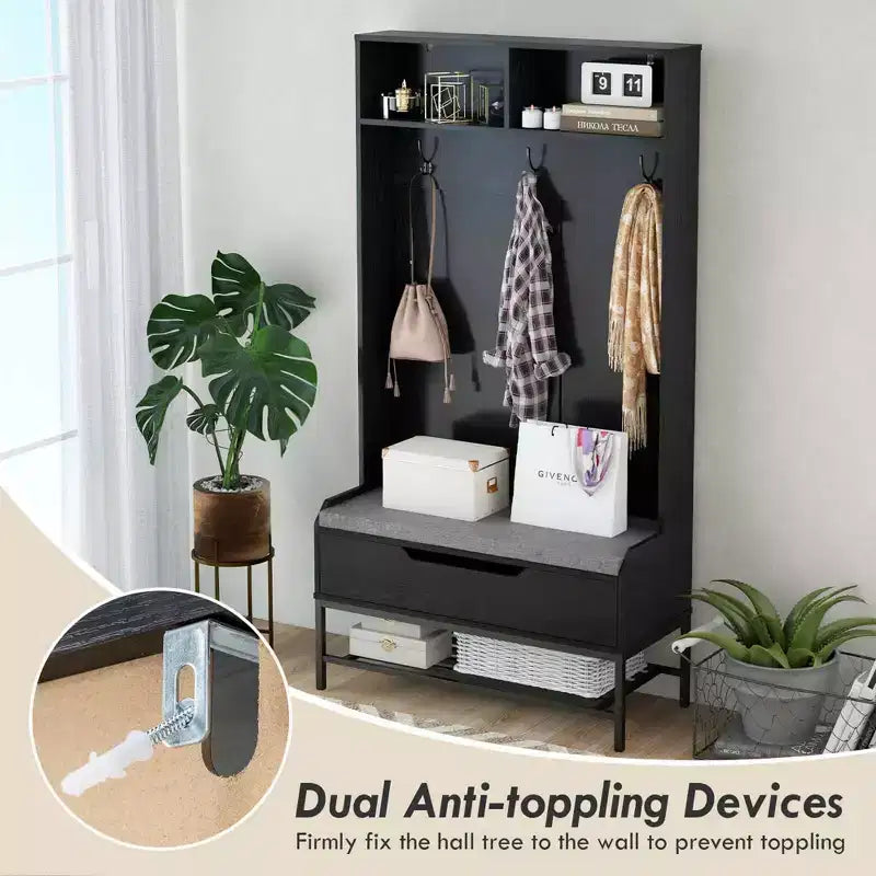 Albero appendiabiti da ingresso alto 175 cm con cuscino per seduta, scomparti aperti, ganci e vano contenitore con coperchio sollevabile, bianco/nero/marrone rustico