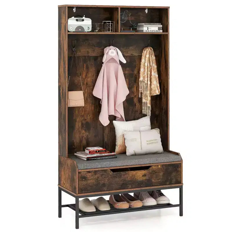 Albero appendiabiti da ingresso alto 175 cm con cuscino per seduta, scomparti aperti, ganci e vano contenitore con coperchio sollevabile, bianco/nero/marrone rustico