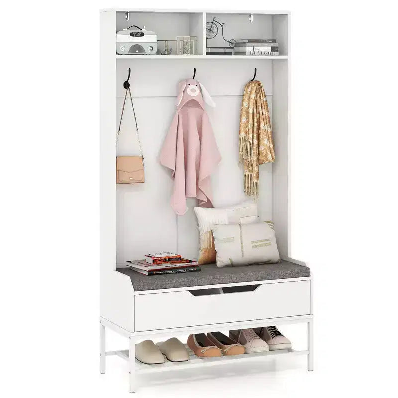 Albero appendiabiti da ingresso alto 175 cm con cuscino per seduta, scomparti aperti, ganci e vano contenitore con coperchio sollevabile, bianco/nero/marrone rustico